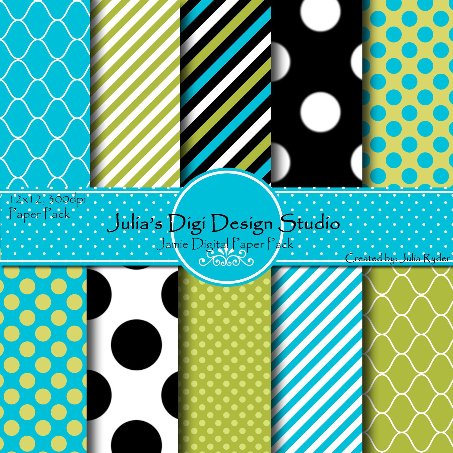 Jamie Digital Paper Pack -10 Digital Papers - 12x12 300DPI - Black, blue, green and white