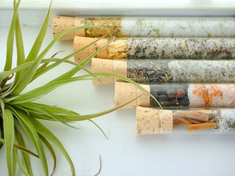 Organic & All Natural Herbal Bath Salt Test Tubes. (Assorted Bath Affirmations) Wedding, Hostess, Eco, Spa, Luxury gift set.