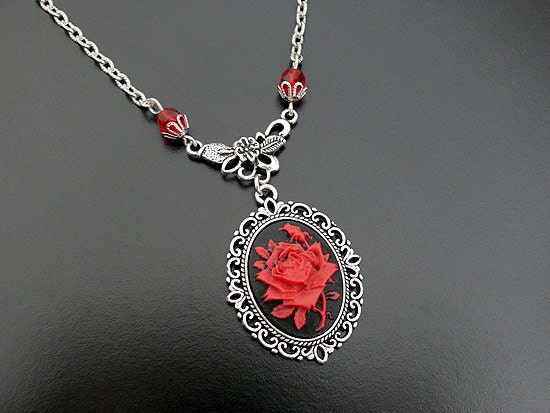Victorian Rose Necklace, Gothic Cameo Jewellery Wedding Bridal Bride Groom Vampire, Noir Black Blood Red Gothic Necklace Mens Womens Jewelry