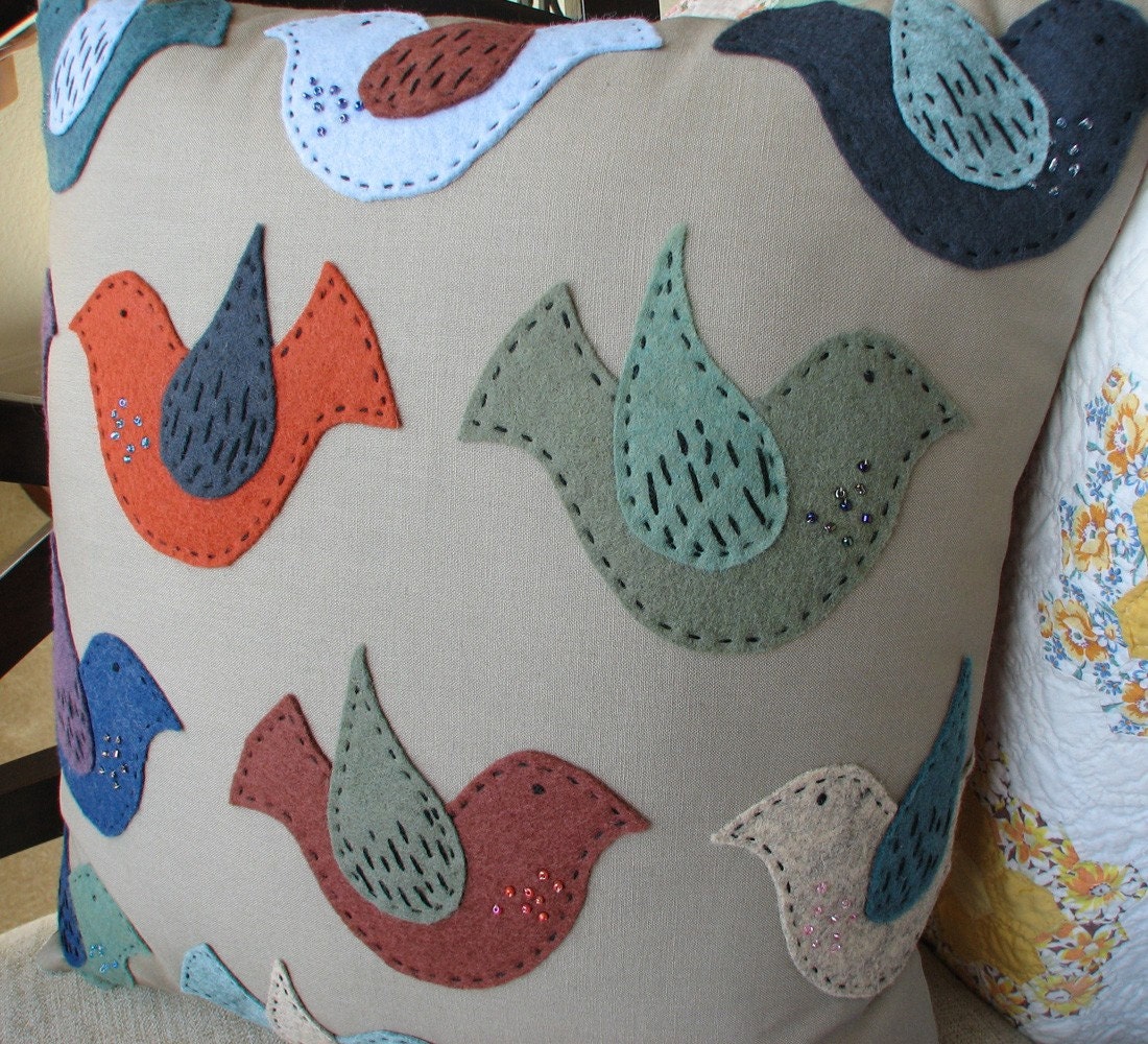 Decorative Pillow -- Freckled Birds Folk Art Pillow, cushion, throw pillow, bird pillow
