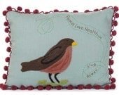 Embroidered Bird Pillow: Robin on Blue