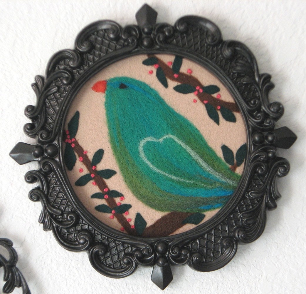 Wool Bird -- Emerald Bird Folk Art in Vintage Frame