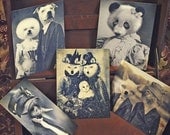 Set of 5 original Postcards - Mini Print Set N1 - anthropomorphic portrait black white panda bear cat chihuahua dogs wolf owl poodle