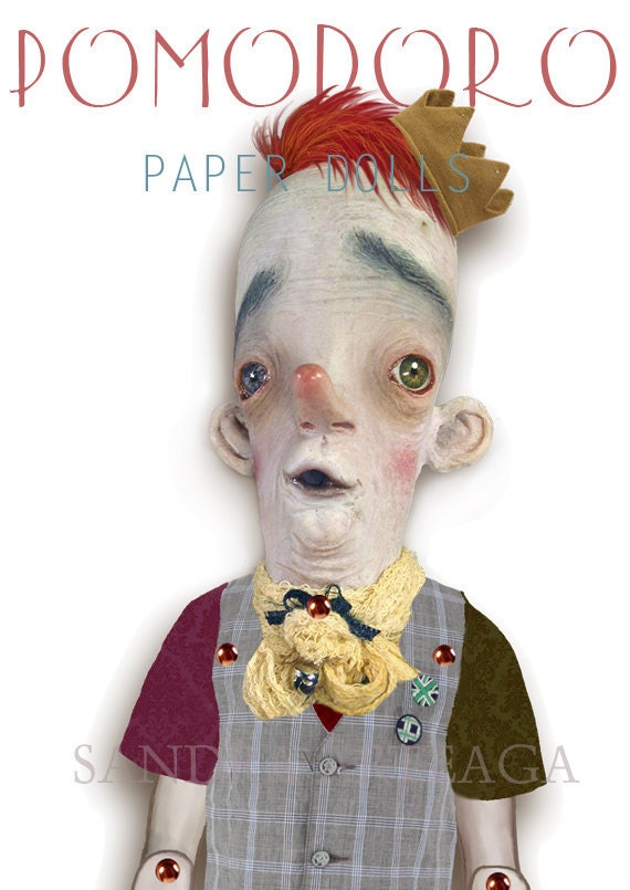 Pomodoro  - articulated PAPER DOLL -  15.2  inches - clown circus ring art doll prince freak stripes monkey master ring