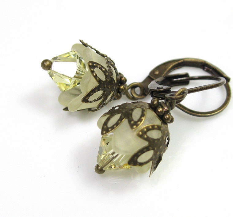 Flower Earrings, Swarovski Crystal Jewelry, Antiqued Brass, Vintage Style, Lucite Flower Earrings, Gifts for Teen Girls, Yellow, Lemon Drops