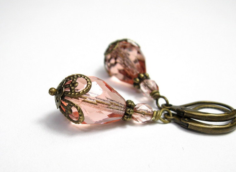 Vintage Style Dangle Earrings, Victorian Style, Peach Czech Glass, Rosaline, Antiqued Brass, Teardrop Earrings, Gifts for Her