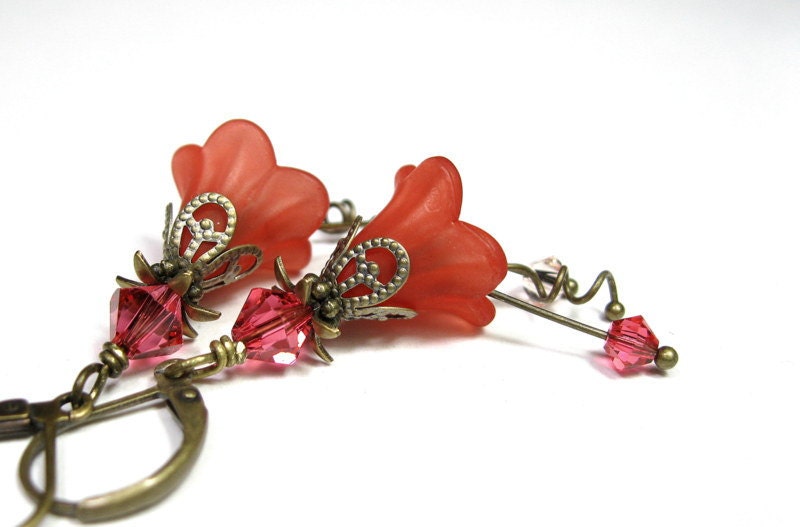 Vintage Style Flower Dangle Earrings, Cranberry, Orange, Salmon, Swarovski Crystals, Romantic Feminine Jewelry, Womens Accessories