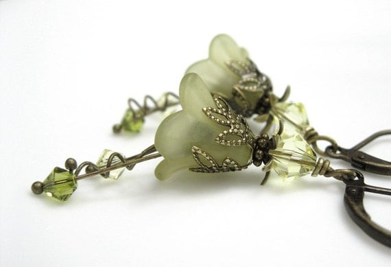 Light Olivine, Flower Earrings, Swarovkski, Lucite, Brass