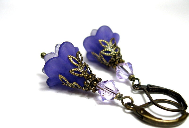 Purple Flower Dangle Earrings, Vintage Style Lucite Earrings, Swarovski Jewelry, Violet Lavender Bell Flowers, Antiqued Brass, For Her