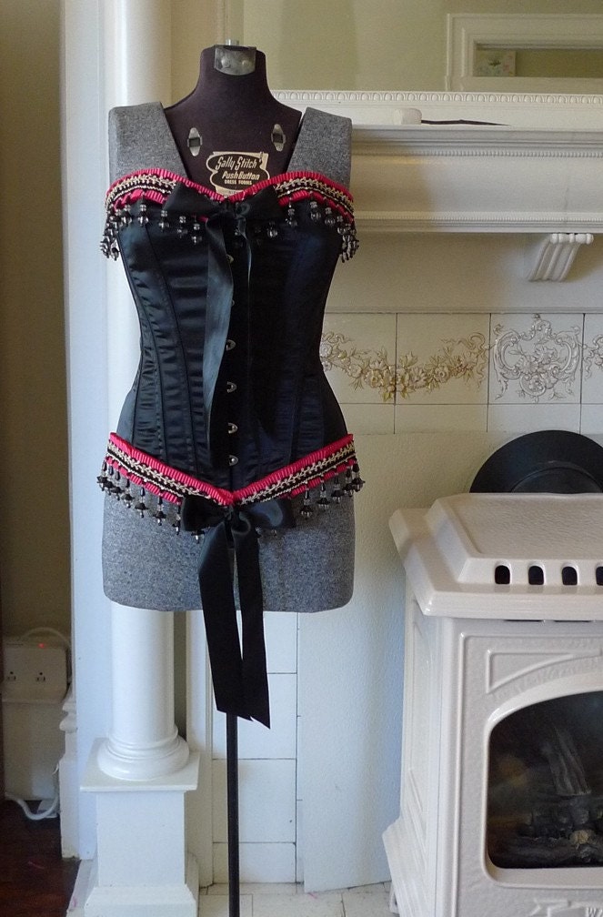 Overbust Corset Candybox Ribbon Pink Black Beaded Fringe