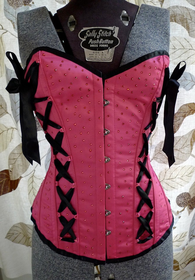 Pink Overbust Corset Black Ribbon Swarovski Crystal