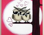2 oWLs sITTING iN A tREE - 12 x 12 original painting, owl art, love birds, owl love