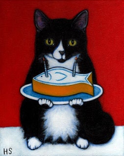 SALE   Nothing says Happy Birthday like Fishy Cake. Tuxedo cat ACEO print