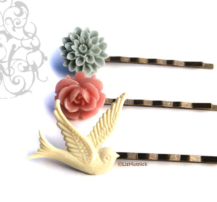 Misty Morning Flower Bobby Pins. Gray. Ivory. Pink. Hair Accessories.