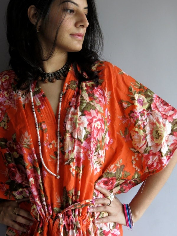Orange Roses kaftan - Perfect long dress, beachwear, spa robe, make great Christmas, Valentine Day, Anniversary or Birthday gifts