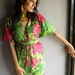 Green Fuchsia floral front button caftan perfect as getting ready, bridesmaids robes. beach coverup, dressing gown, loungwear, gift for her