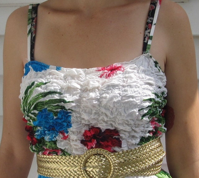 Vintage 1970s Smocked Floral Sundress Hanky Hem XS S 2 4
