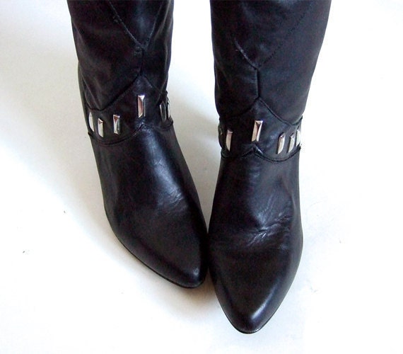 Vintage sz 7.5 8 Black Boots Faux Leather Studded Boots Heels Tall Boots High Heel Boots