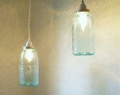 Set of 2 Mason Jar Pendant Lights Blue Half Gallon Ball Jars Hanging Lighting Fixture - Mason's Patent nov. 30th 1858 - Upcycled Wedding