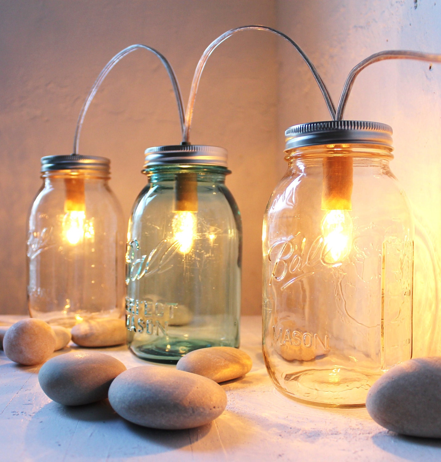 Mason Jar Lighting Standing Banner Lights Fixture - BootsNGus Lamp Design - Blue and Clear Glass Upcycled Wedding