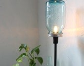 True Blue - Mason Jar Lamp - Upcycled Antique Mason Jar Table Top Lamp - Black Metal and Aqua Blue Glass Lighting Fixture - BootsNGus Light
