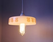 Sunflowers - Hanging Pendant Lamp featuring a Vintage Federal Fire King Milk Glass Baking Dish - OOAK Upcycled BootsNGus Lighting Fixture