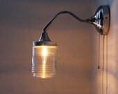 City Lights -Industrial Stainless Steel Gooseneck Wall Sconce - Clear Glass Lamp Shade - UpCycled BootsNGus Lighting Fixture