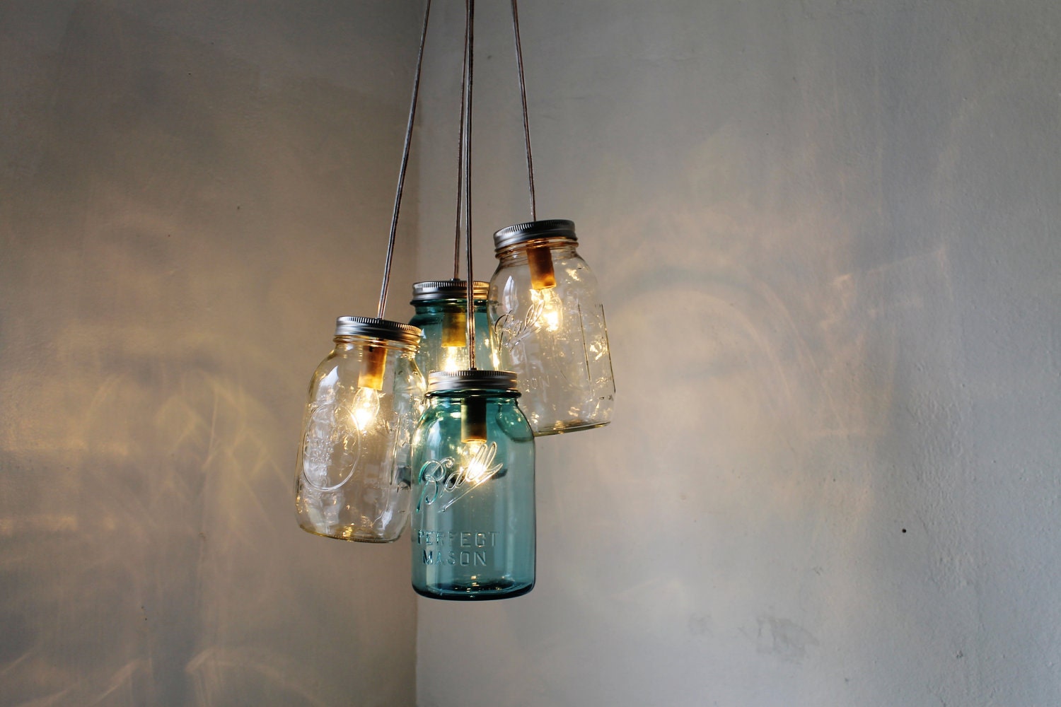 Summer Nights Mason Jar Chandelier - 4 blue and clear quart jars - Handcrafted Mason Jar Lighting Fixture - Upcycled BootsNGus Lamp