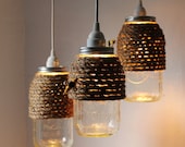 The Hive - Set of 3 - Half Gallon Quart Sized Mason Jar Pendant Lights - UpCycled Handcrafted BootsNGus Lighting Fixture Wrapped in Rope