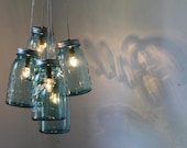 Summer Cottage BLUE Mason Jar Chandelier - 5 antique aqua BALL mason jars upcycled into a hanging pendant lighting fixture - BootsNGus Lamps