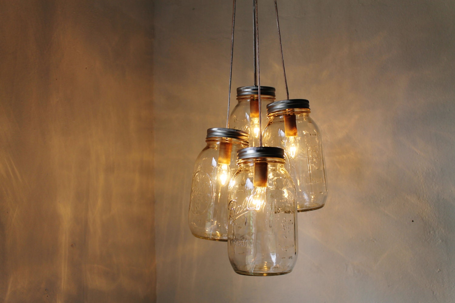 Spring Clean Mason Jar Chandelier - 4 quart jars - Handcrafted Mason Jar Lighting Fixture - Upcycled BootsNGus Lamp - Direct Hard wire