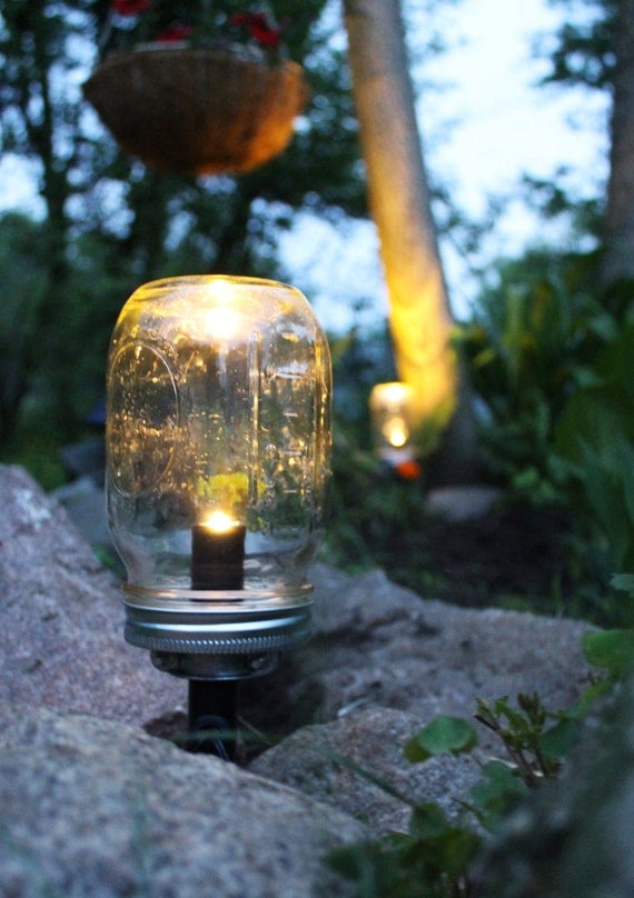 Solar Powered Mason Jar Lights - set of 3 Eco Friendly Summer Nights Renewable Outdoor Energy - Lawn and Garden Lights - BootsNGus Design