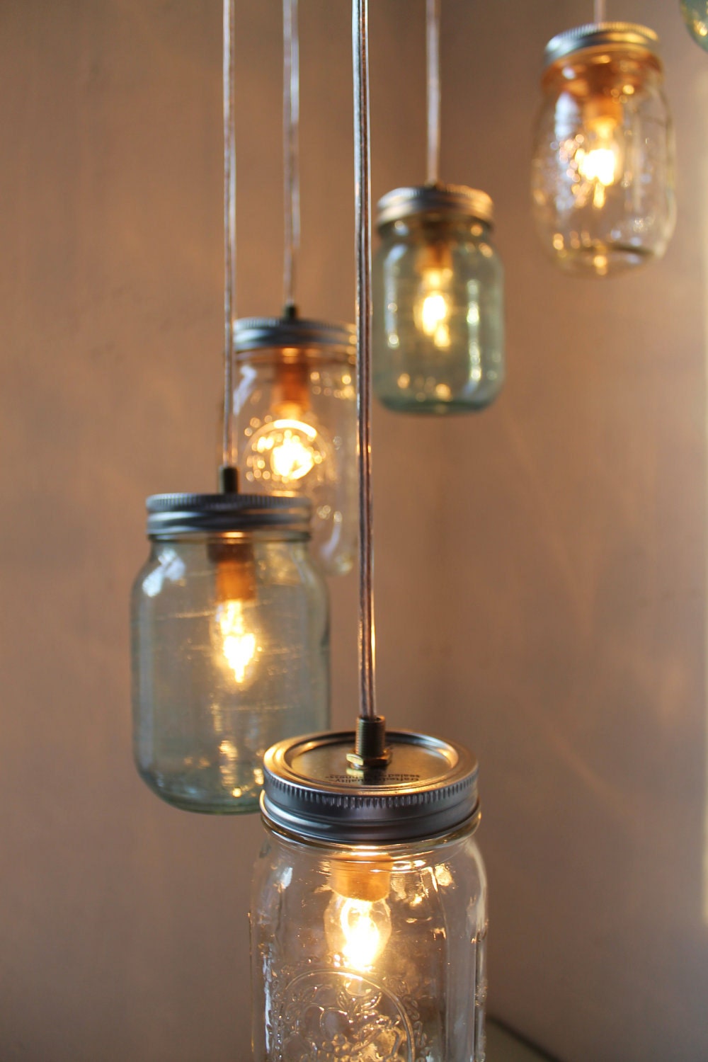 Waterfall Spiral Mason Jar Chandelier - Swag Lamp Handcrafted Upcycled Eco Friendly BootsNGus Hanging Pendant Fixture