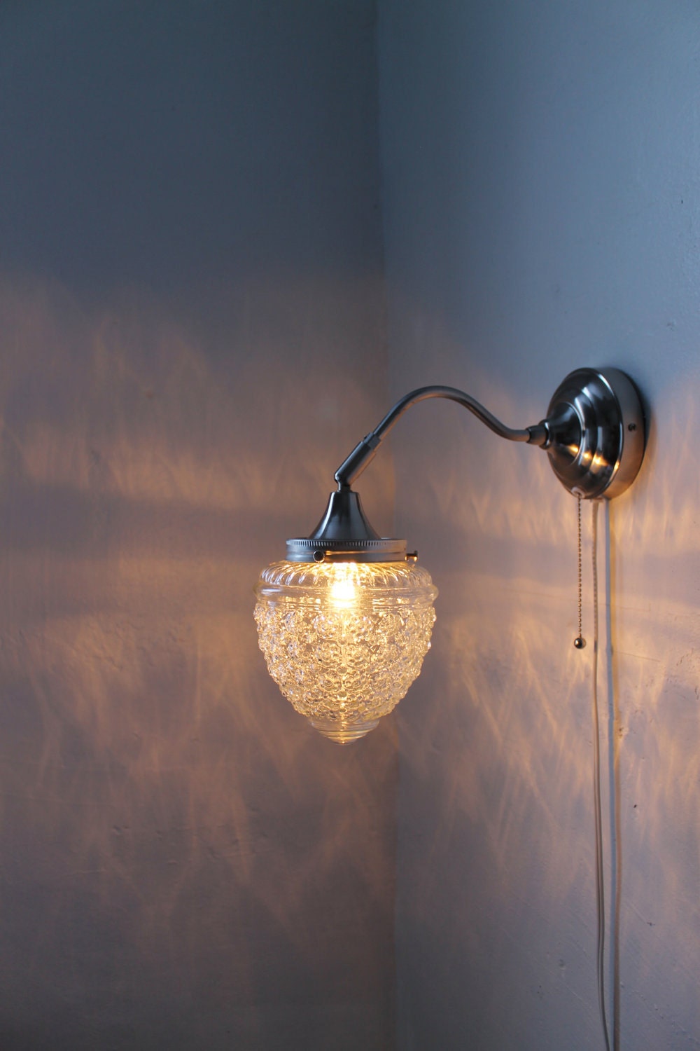 Sparkling Winters Ice  - Stainless Steel Gooseneck Wall Sconce - Oak Tree Acorn Textured Shade - UpCycled BootsNGus Lighting Fixture