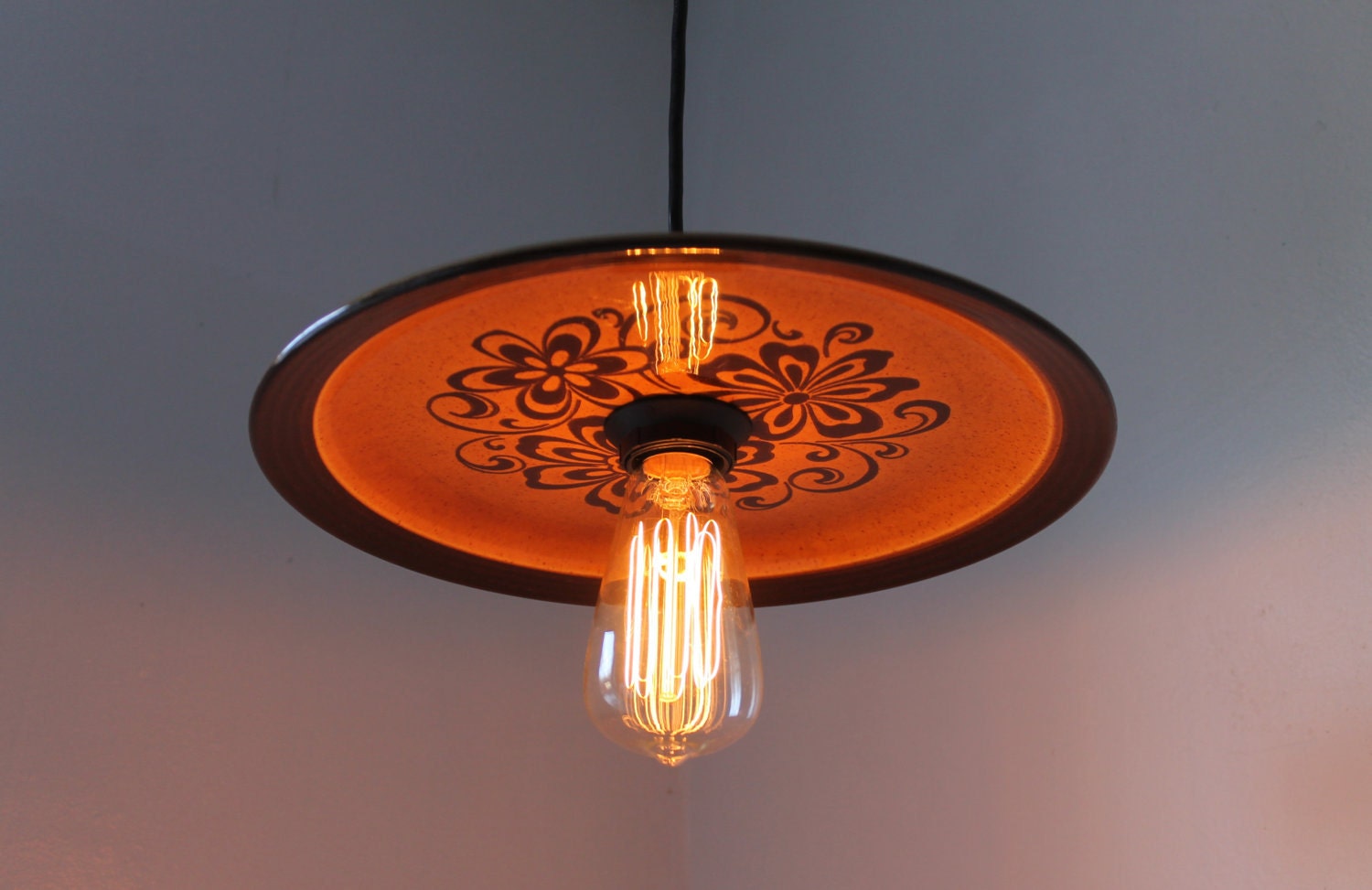 Hazelnut Halo - Vintage Ceramic Groovy Daisies Hanging Pendant Platter Light - OOAK UpCycled Shade - BootsNGus Lighting Fixture