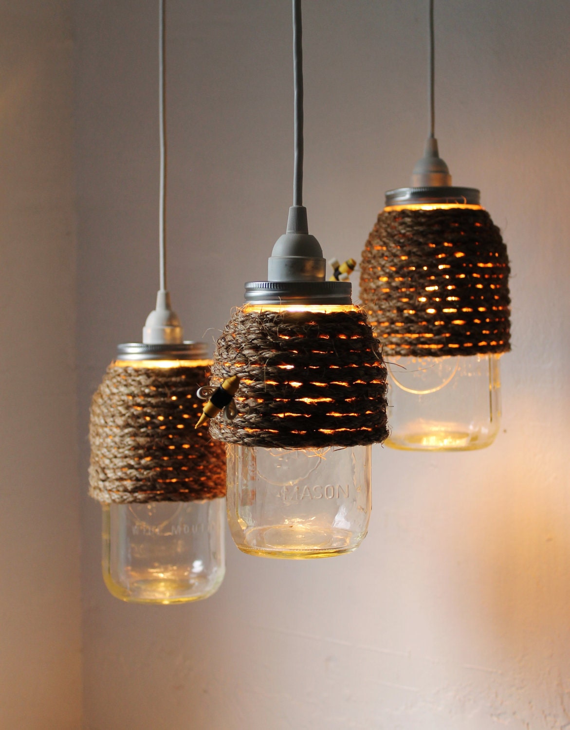 The Hive - Set of 3 - Half Gallon Quart Sized Mason Jar Pendant Lights - UpCycled Handcrafted BootsNGus Lighting Fixture Wrapped in Rope