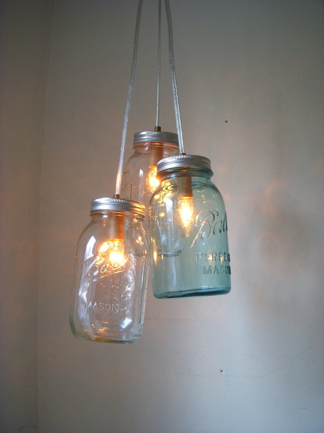 Ocean Spray Mason Jar Chandelier - Blue and Clear Hanging Pendant Lighting Fixture - Rustic Industrial UpCycled BootsNGus Lamp Design