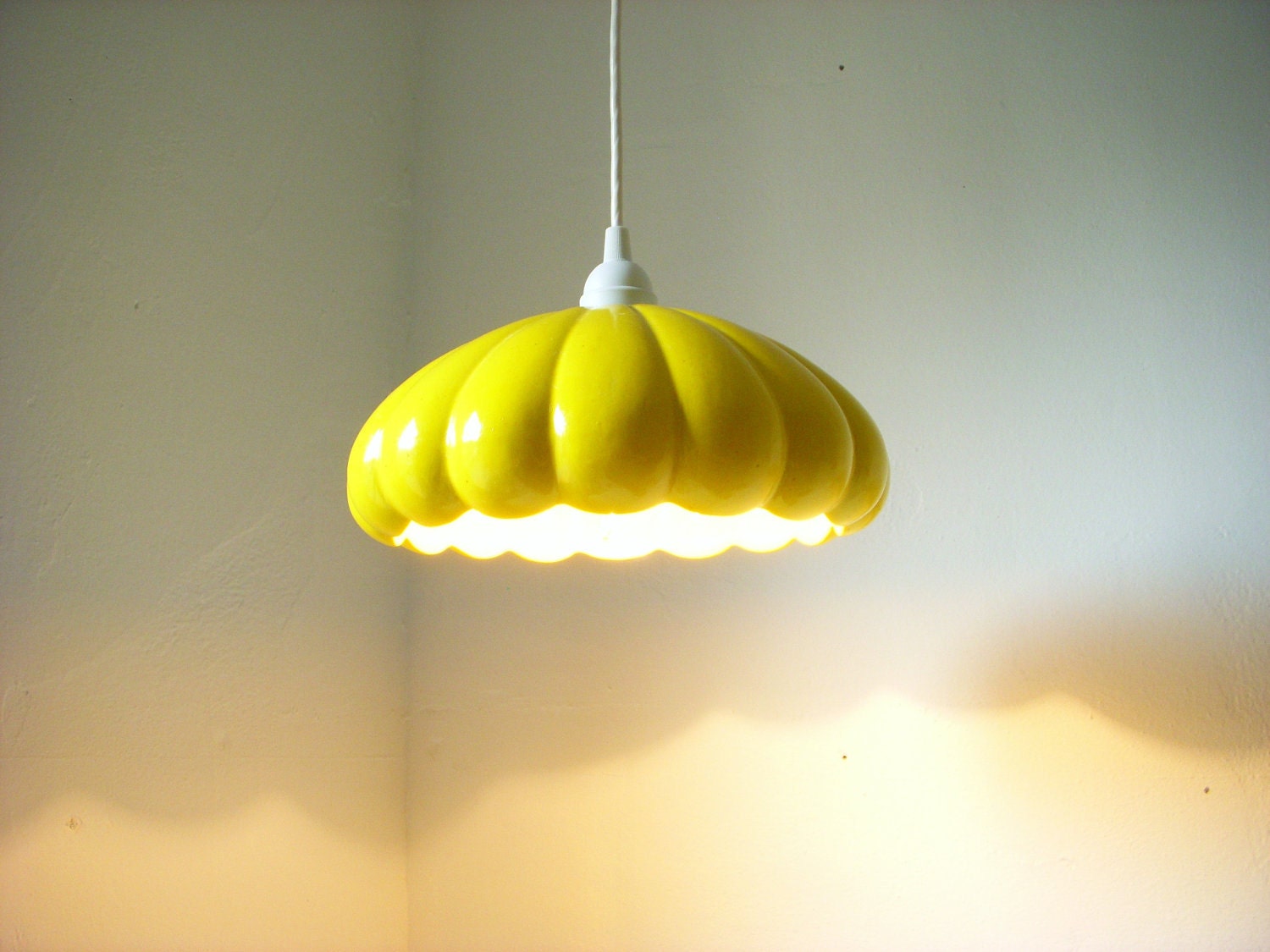 RESERVED for Optryo - Ceramic Spring Daisy Lamp Sunshine Yellow Ribbed Bowl Hanging Pendant Lighting Fixture