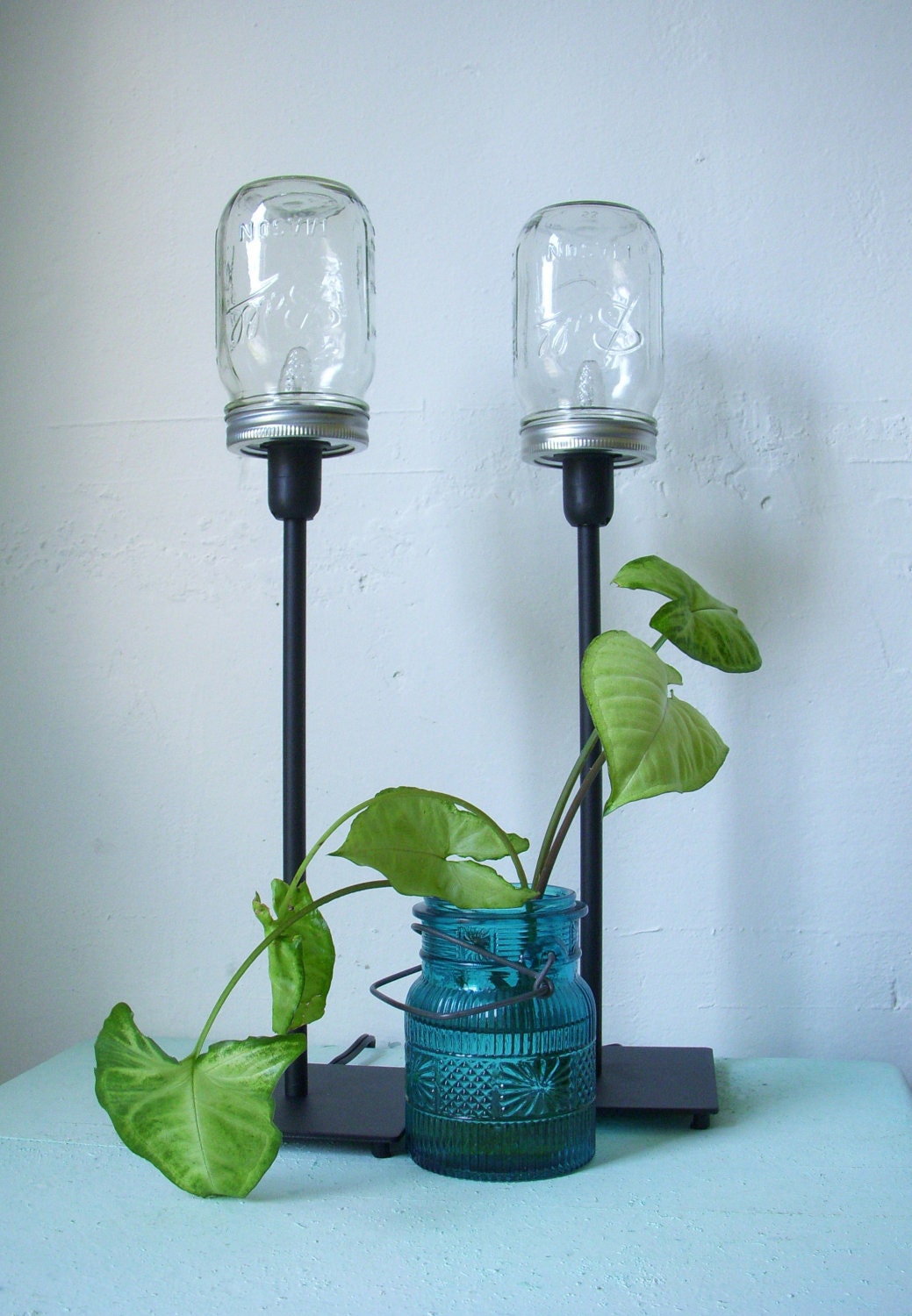 2 Mason Jar Table Lamps - Upcycled Lighting Fixtures - Mason Jar Lights - Industrial Modern Contemporary Home Decor - BootsNGus Lamp Design
