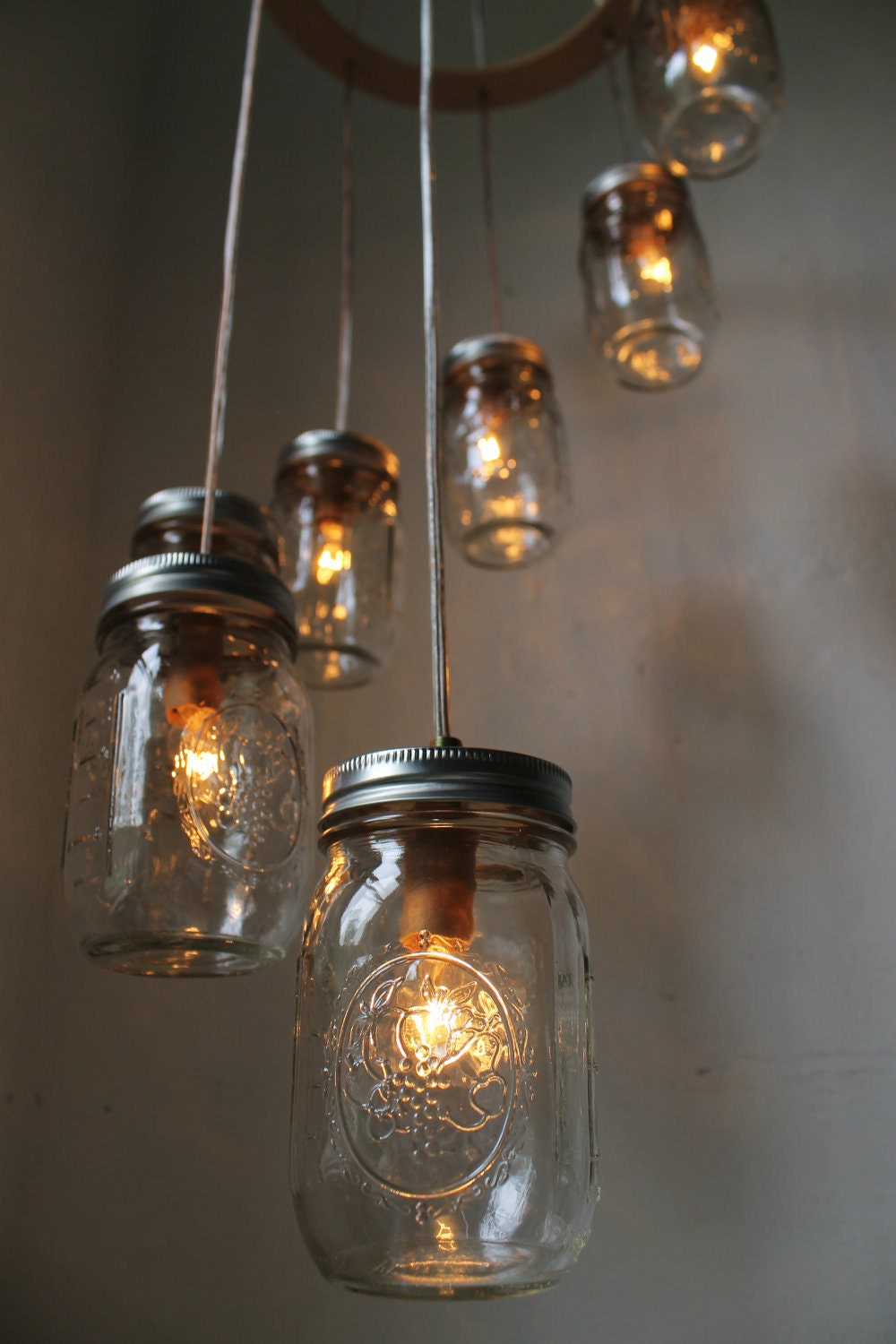 Spiral Carousel Mason Jar Chandelier Mason Jar Lighting Swag Lamp Handcrafted Upcycled BootsNGus Hanging Pendant Light Fixture