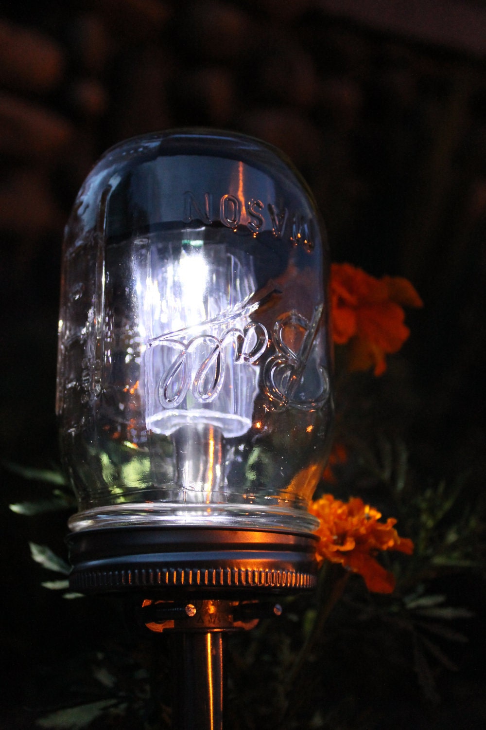 Solar Powered Mason Jar Lights - Eco Friendly Mason Jar Outdoor Path Light- Single Stainless Steel Accent - UpCycled BootsNGus Lamp Design