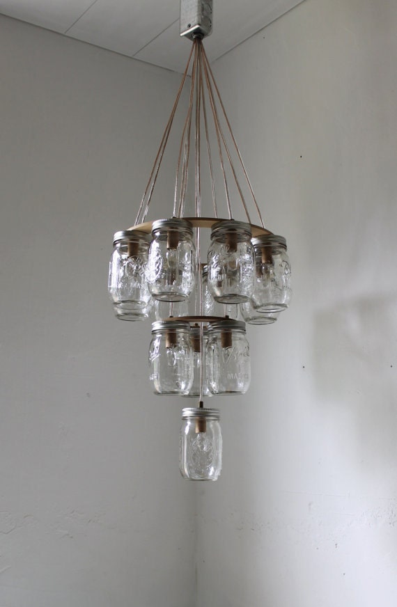 Reserved 4 GeorgiaGould - Mason Jar Lighting Hanging Swag Lamp 3 Tier Wedding Cake - Eco Friendly Original BootsNGus Design Mason Jar Lights