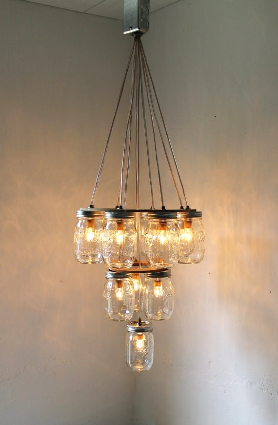 Reserved 4 GeorgiaGould - Mason Jar Lighting Hanging Swag Lamp 3 Tier Wedding Cake - Eco Friendly Original BootsNGus Design Mason Jar Lights