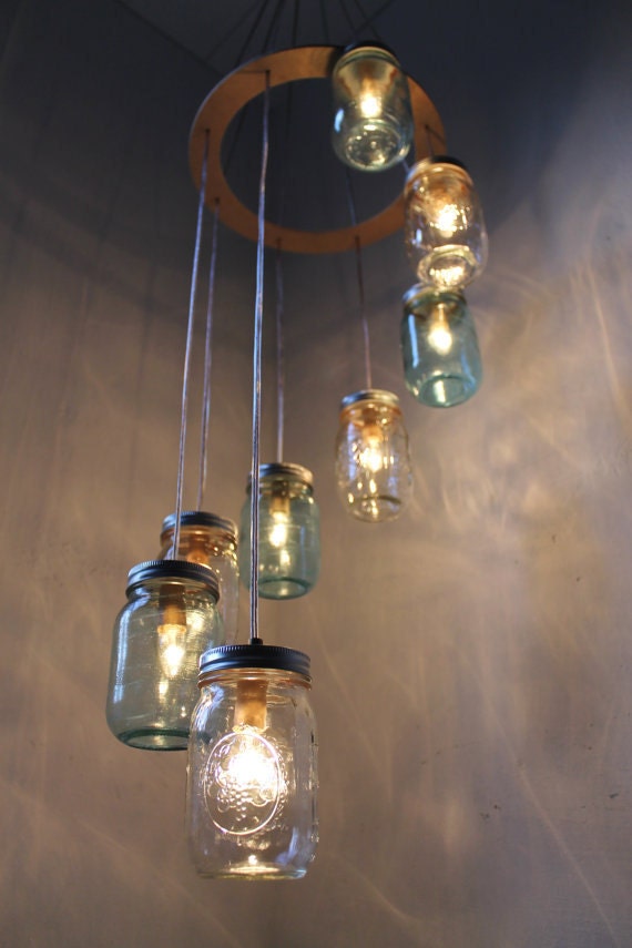 Waterfall Splash Mason Jar Chandelier - Cascading Spiral - Modern Industrial Swag - Handcrafted Upcycled BootsNGus Hanging Lighting Fixture