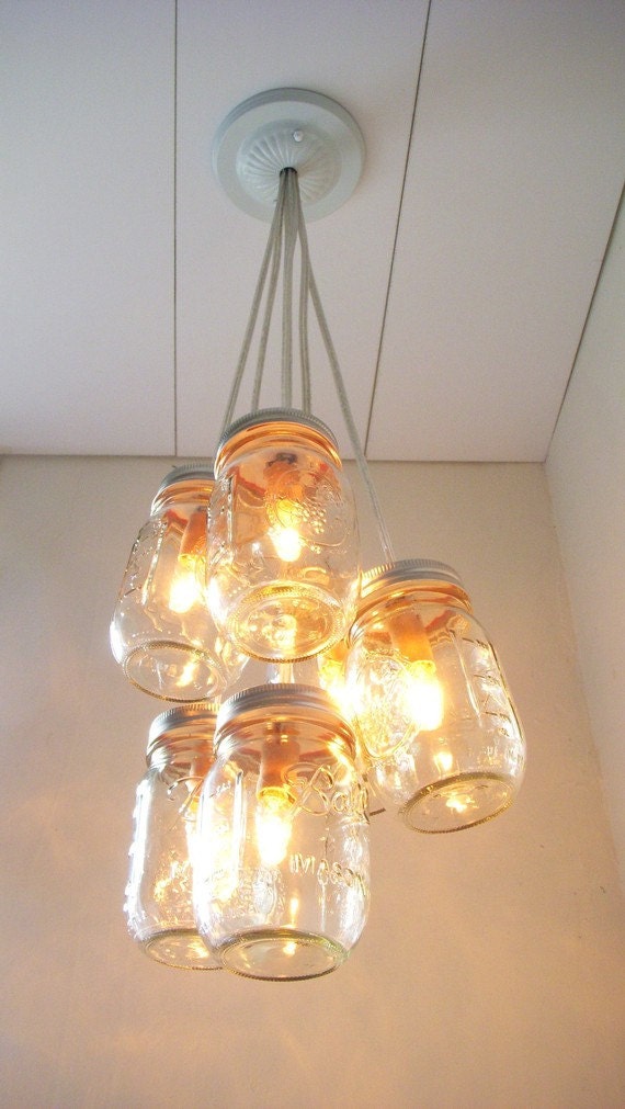 Chasing Fireflies Mason Jar Chandelier Lighting Fixture - Swag Lamp Handcrafted Upcycled BootsNGus Hanging Pendant Lamp Design