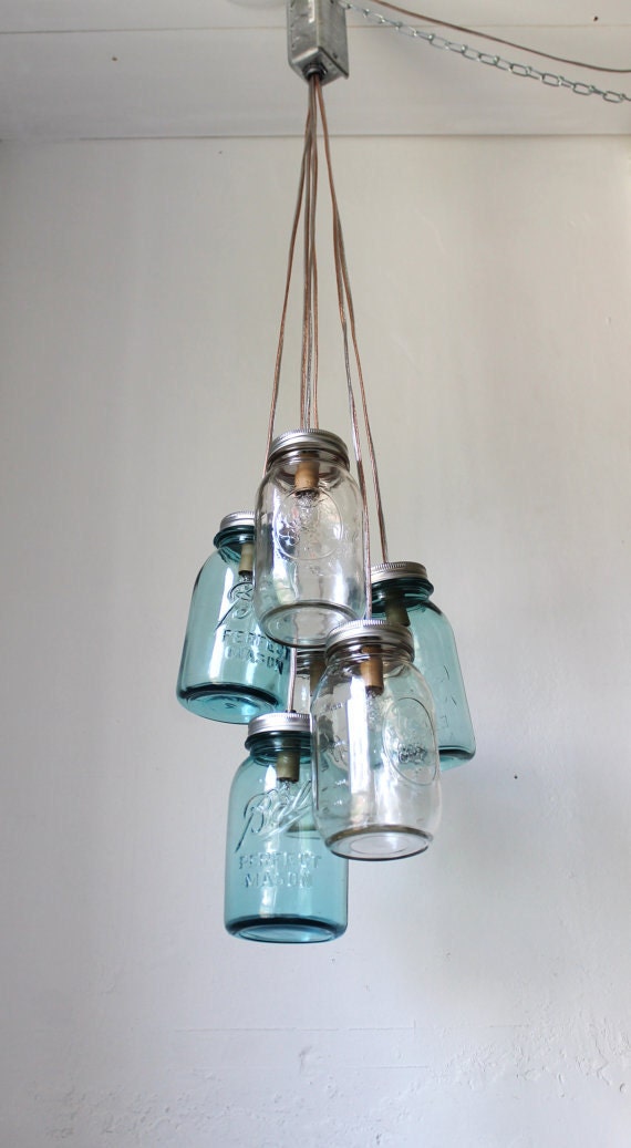 Ocean Sapphire Mason Jar Chandelier - Mason Jar Light - Modern Industrial Handcrafted UpCycled BootsNGus Hanging Pendant Lighting Fixture