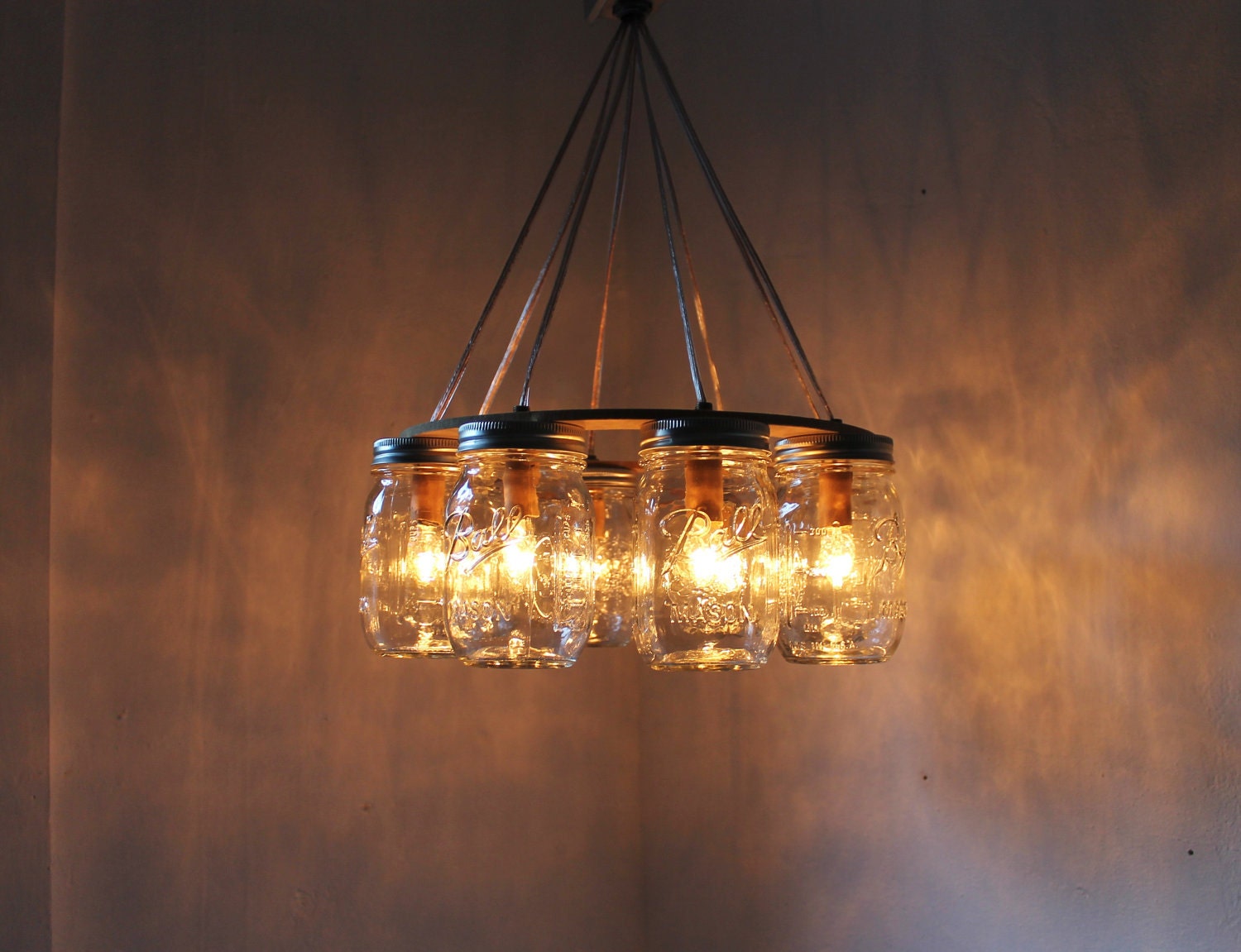 WAGON WHEEL Mason Jar Chandelier - Mason Jar Light - Industiral Swag - Handcrafted Upcycled BootsNGus Hanging Pendant Lighting Fixture