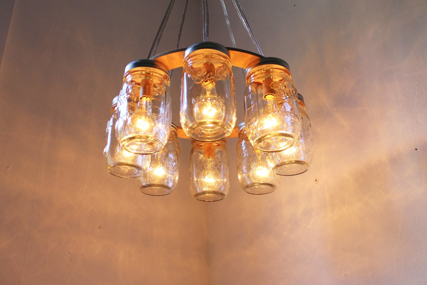 WAGON WHEEL Mason Jar Chandelier - Mason Jar Light - Industrial Swag - Handcrafted Upcycled BootsNGus Hanging Pendant Lighting Fixture