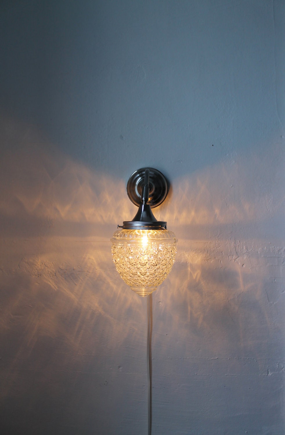 Sparkling Winters Ice  - Stainless Steel Gooseneck Wall Sconce - Oak Tree Acorn Textured Shade - UpCycled BootsNGus Lighting Fixture