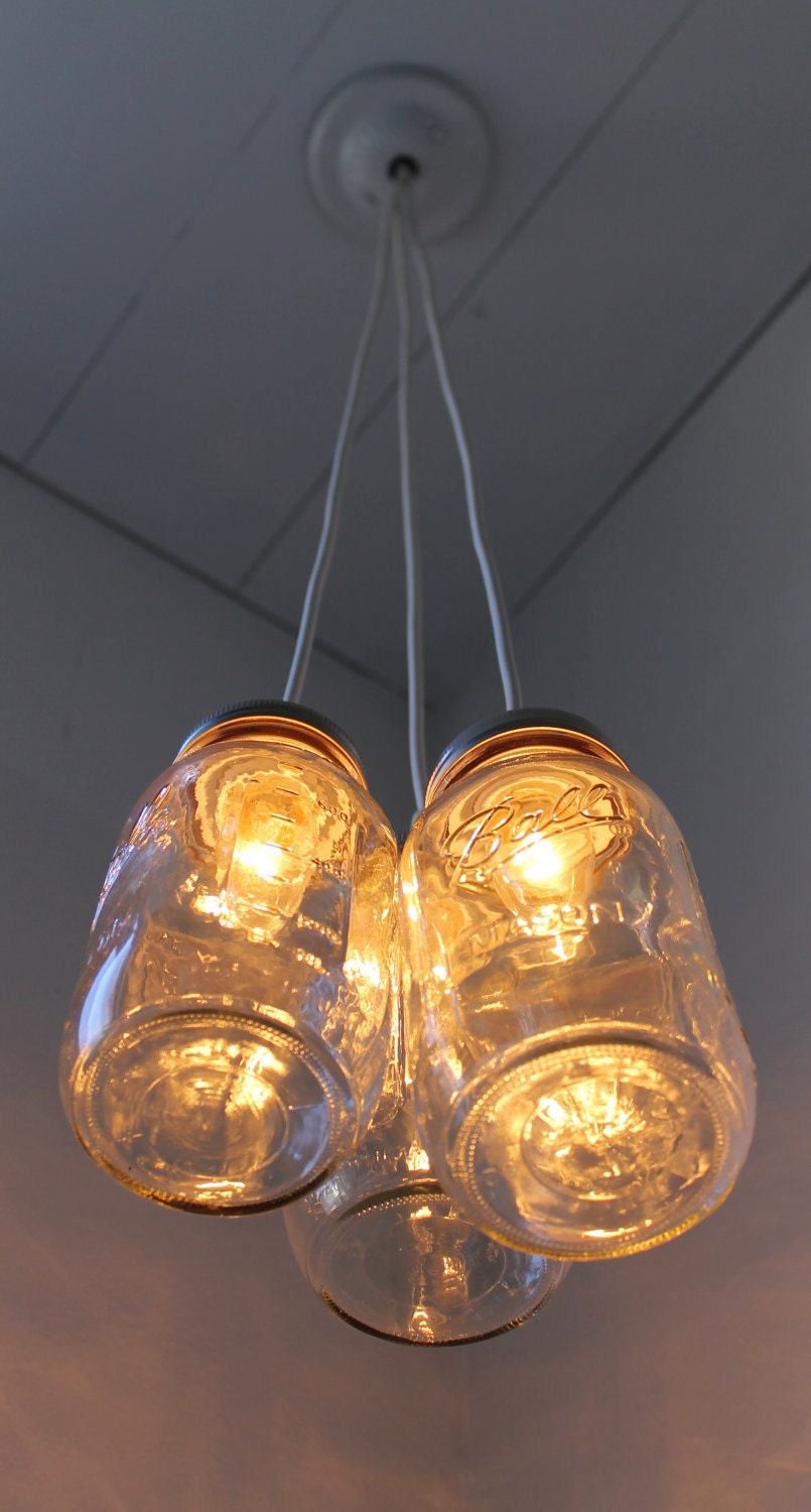 Summertime Charm Mason Jar Chandelier - Three Ball Mason Jar Hanging Pendant Chandelier Cluster Light - UpCycled BootsNGus Lighting Fixture